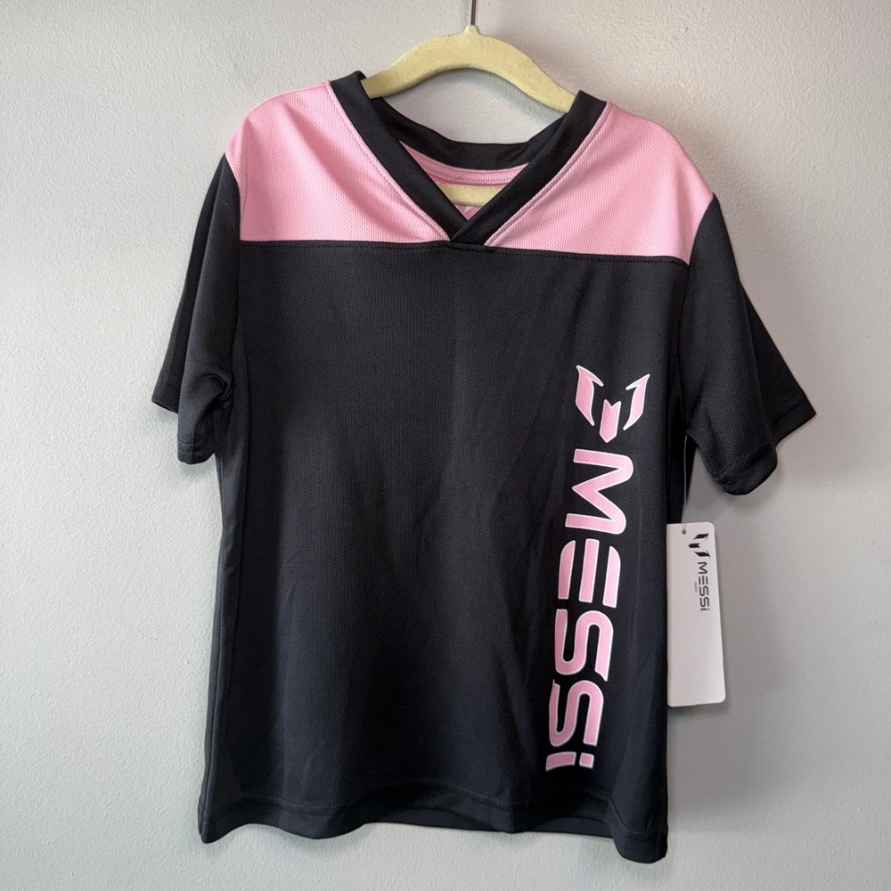 Messi Kids Soccer Jersey Black Pink V-Neck Graphic Shirt Size X-Small 4/5 NWT